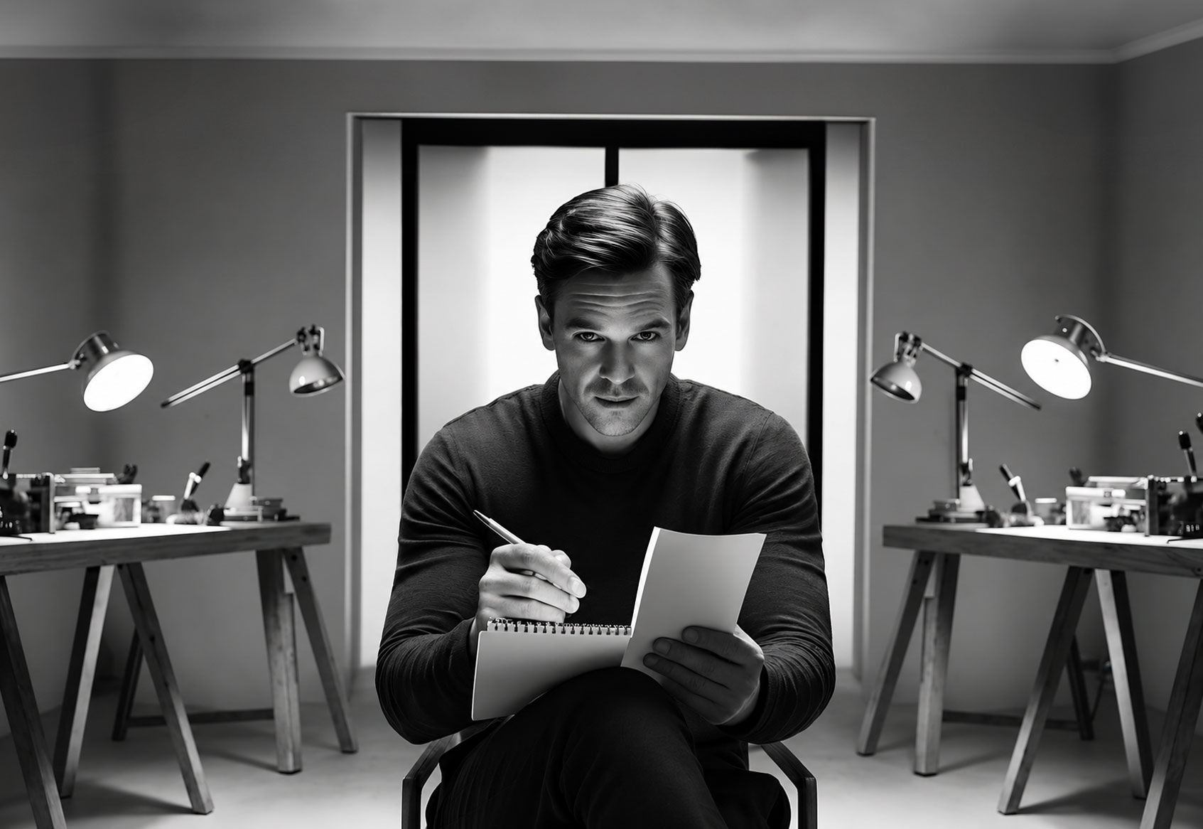 An IRISCAPES creative director sketching notes between two studio workstations